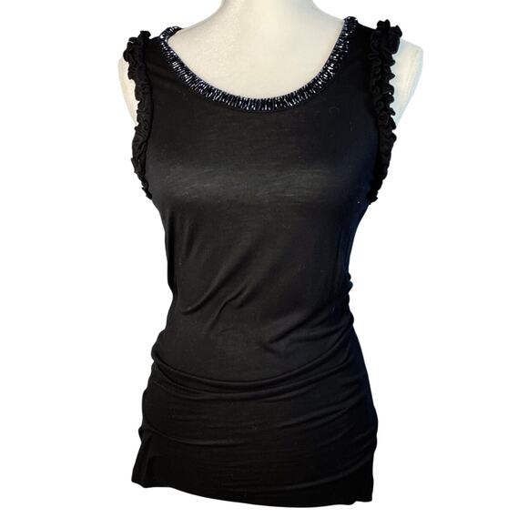 Kenar, Size Medium, Black Beaded Ruffle Trim Sleeveless Top, Super Soft, Flaw - Picture 1 of 7